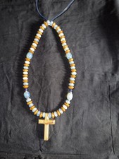 Blue & Gold Beaded Cord Necklace with Cross P...