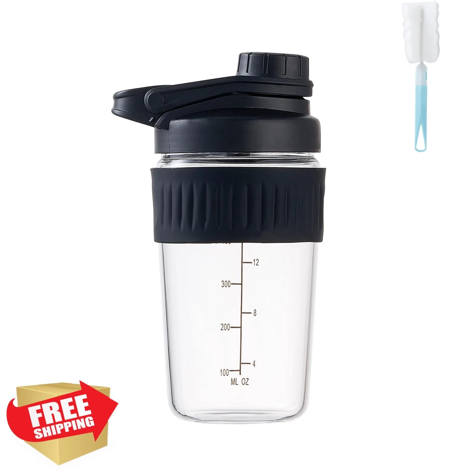 16oz Glass Shaker Bottle for Protein, Black, Leak-Proof, Blending Ball