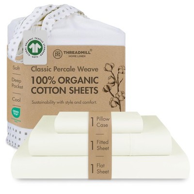 Threadmill Organic Cotton Twin XL Sheet Set, Ivory, 3-Piece, Deep Pocket | 10...