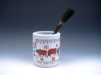 Chinese 5 Ox Painted Glazed Porcelain LARGE Brush Holder Pot Home Decor #092625