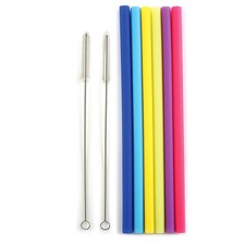 Norpro 9.75-Inch Reusable Jumbo Silicone Straws with Cleaning Brushes, Assorted