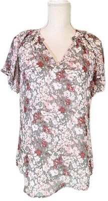 NWT BTFBM SzM Floral V-Neck Popover Blouse Chiffon Overlay Semi-Sheer Flutter SS