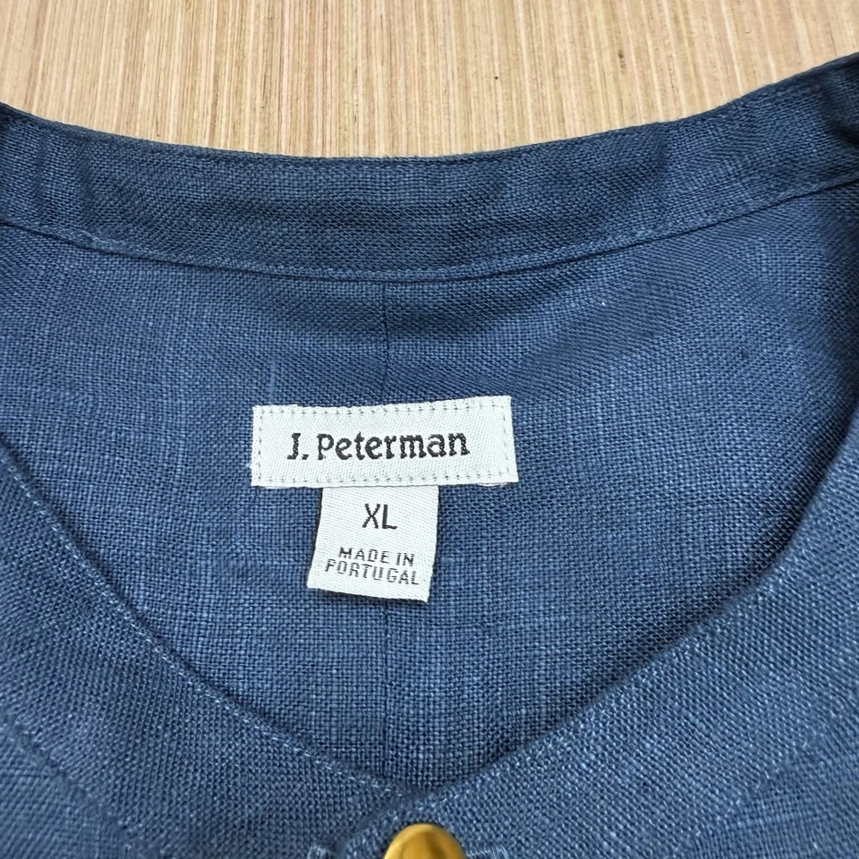 J Peterman Mens XL Blue 100% Linen Band Collar Button Up - The Gatsby Shirt - Image 3 of 4