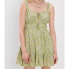 American Eagle Green Floral Mini Dress XL Tie Front Smocked Ruffle  Fairycore