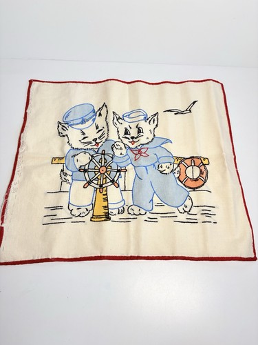 Vogart Pillow Sham Embroidered Tinted Kittens Sailing 1930s Vintage 14.5"