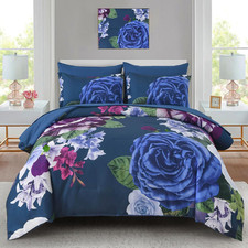King Size 7 Piece Blue Floral Comforter Set Bed in a Bag Microfiber Bedding Set