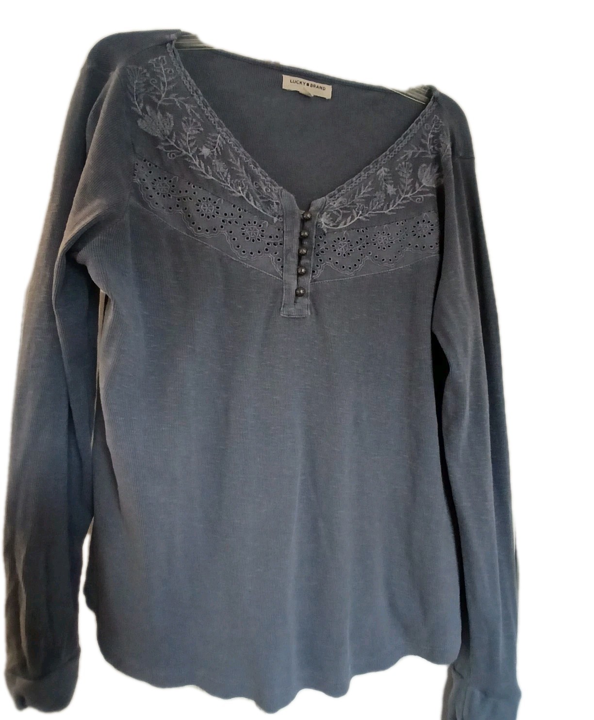 Lucky Brand Ribbed Knit Embroiderd Yoke Henley Top Long Sleeve Blue XL