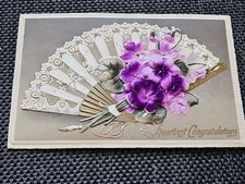  Heartfelt Congratulations Lace Hand Fan Raised 3D Flower Bouquet Postcard 1080
