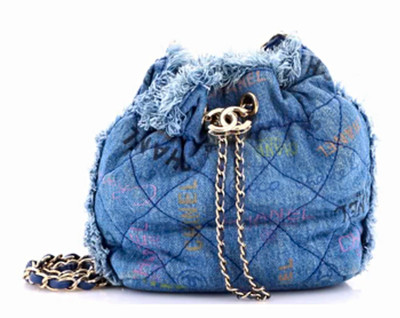 CHANEL Blue Quilted Drawstring Shoulder Bag Chain Strap CC Logo Fringe Gold