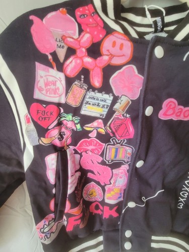 Flamingo NWT Bad Barbie Type Varsity Style Bomber Letterman Jacket Female Prints - Picture 12 of 13