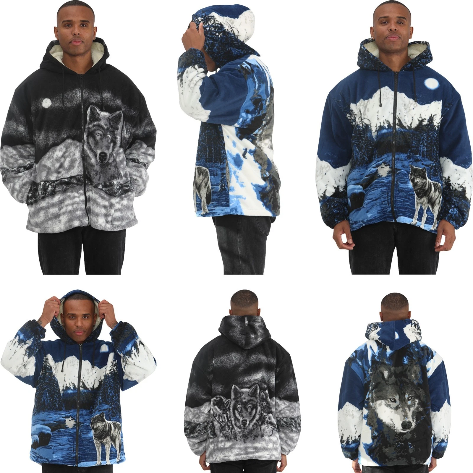 Mens Wolf Fleece Zip Hoodie Padded Warm Winter Jacket Soft Wolf Print Hooded Top