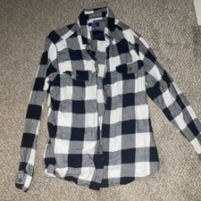 George Men's Plaid Button-Up Shirt Black White Long Sleeve Pockets M 38-40 