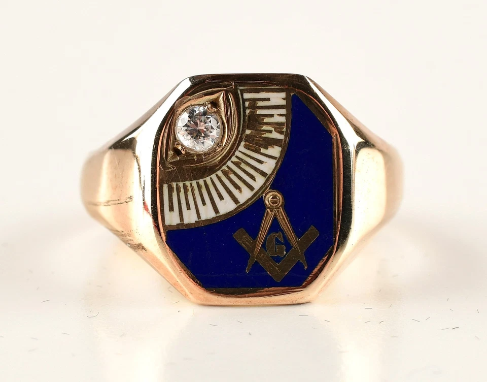 *Anillo masónico vintage para hombre de oro amarillo de 14 k esmalte de diamantes naturales talla 10,5 Foto 3 de 4