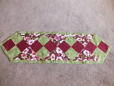 Beautiful Handmade Table Runner Quilted Burgundy Pink Sage 44x12" NICE