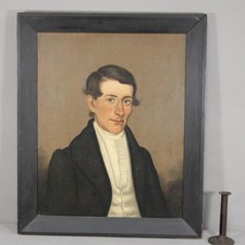 A 19TH C AMERICAN FOLK ART OIL/CANVAS PORTRAIT OF A GENTLEMAN IN ORIGINAL FRAME