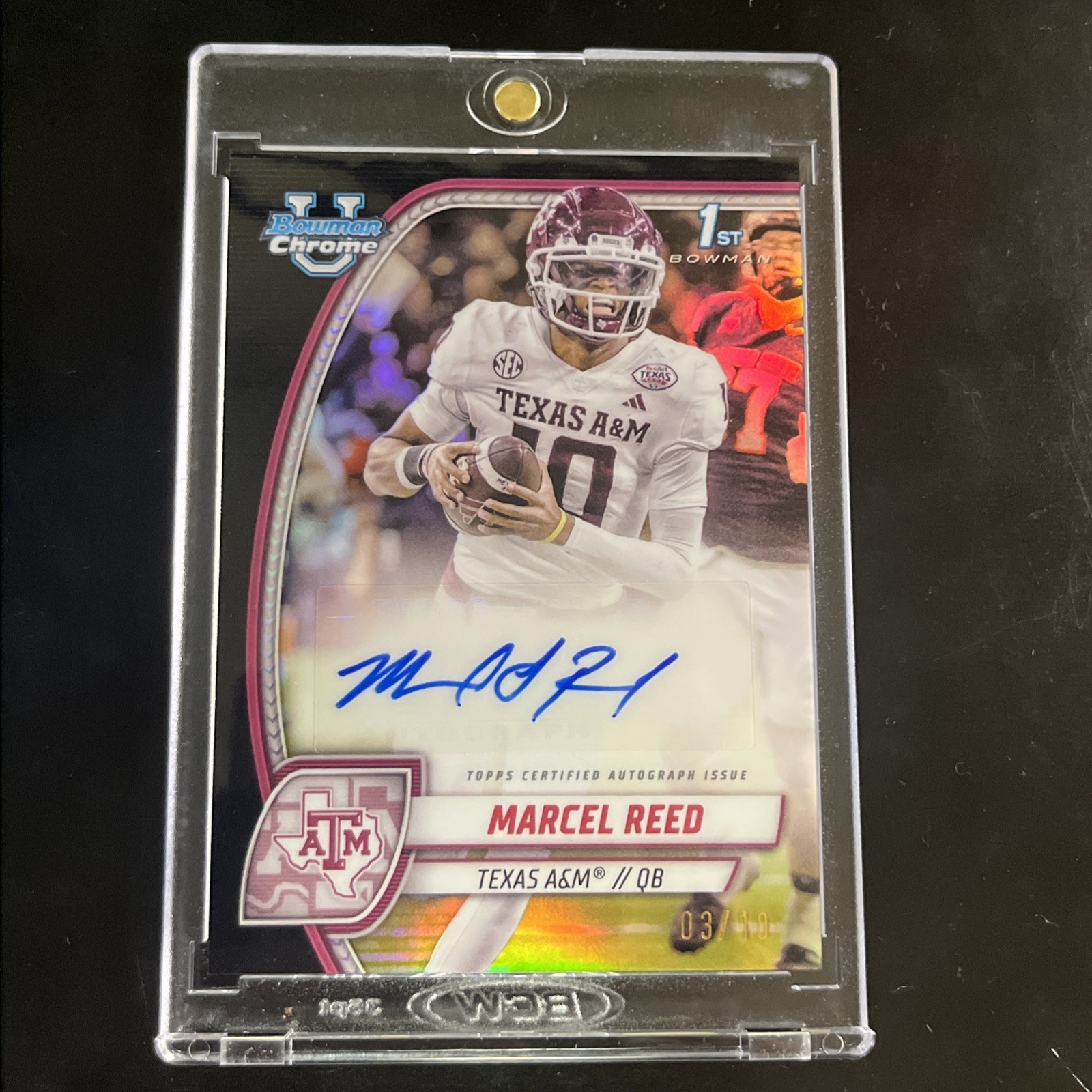 Marcel Reed 2024 Bowman chrome University 1st Auto Black Refractor 3/10. A&M #3