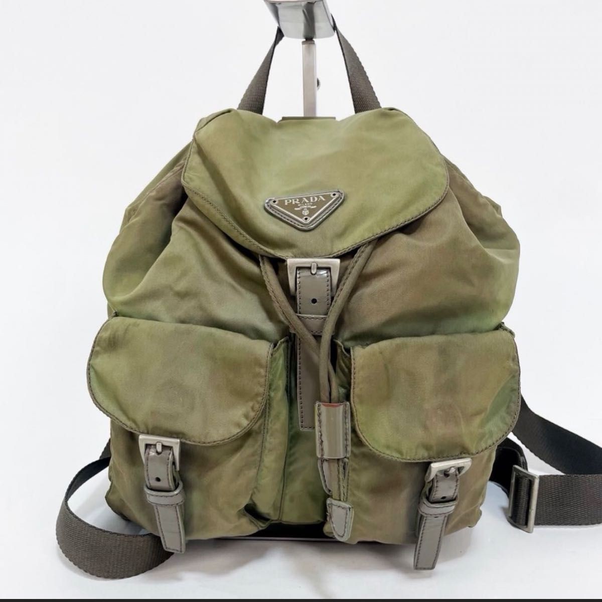 PRADA backpack triangular logo khaki nylon leathe… - image 2