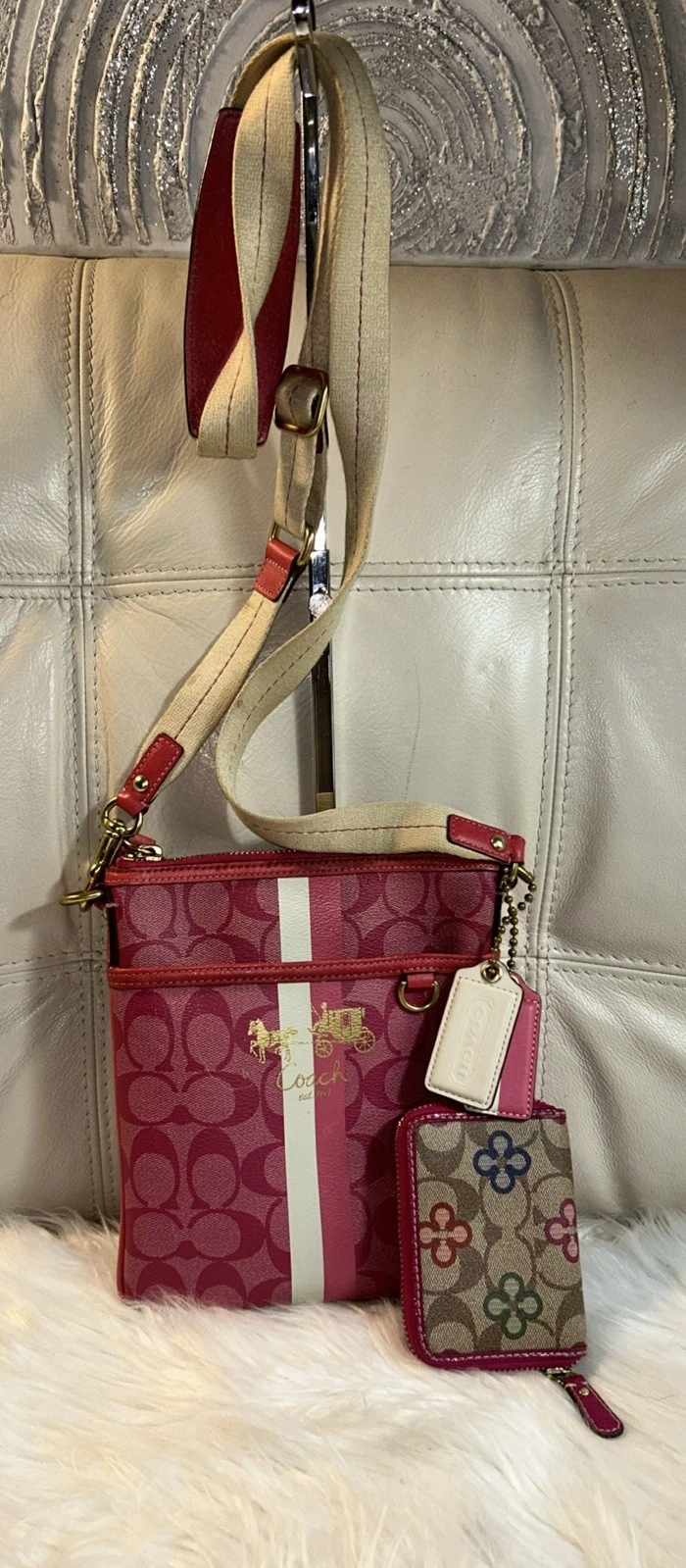 Borsa Coach Portafoglio Tracolla Rosa Firma PVC Lthr Piccola Tasca Swingpack Ottone!