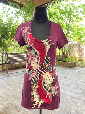 Vintage Ed Hardy Koi Fish Sukajan Mini Dress Tattoo Authentic Y2K S Top Cotton