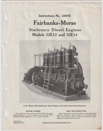 1940 Fairbanks Morse Stationary Diesel Engines 32E-12 & 32E-14 Owner Manual 92 p - Picture 2 of 2