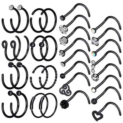 32PCS Stainless Steel Nose Ring Screw L Shape Straight Bone Stud Earring Set 20G - Picture 20 of 24