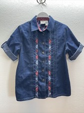Women s Vintage Koret City Blues Petite Denim Short Sleeve Cotton Shirt Size Med