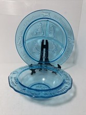 Tiara Blue Glass Nursery Rhyme Divided 8  Plate  6.5  Bowl Set Mother Goose