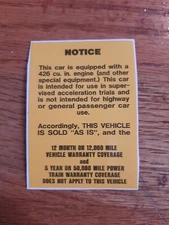 1968 Super Stock Cuda Dart Race Hemi "AS IS" Glove Box Decal New MoPar USA