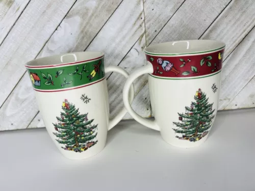 Spode Christmas Tree Coffee Tea Cups Mugs Set Of 2  Holiday Gift Set Vintage