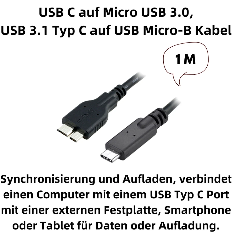 H68 USB 3.1 Typ C Stecker auf USB 3.0 micro B Stecker Festplattenkabel Daten 1m - Bild 2 von 4