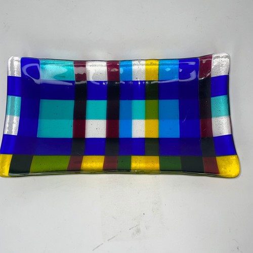 Fused Art Glass Trinket Tray Blue Yellow Check Design 7.5 X 4 Inches - Picture 8 of 8