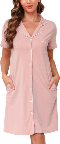 Camicie Da Notte Donna in Cotone Estiva Scollo a V a Manica Corta Bottoni Davant