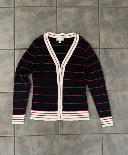 casual corner Preppy Tennis Navy Red Withe Edge Pearl Button Ribbed Cardigan M