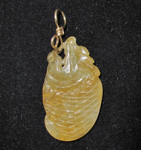 2,3" chinesischer 14K Gold Anhänger mit geschnitztem gelben Jadeit-Jadefisch der Klasse A mit Echtheitszertifikat - Bild 2 von 13