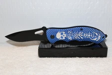SKELETON BONES SKULL SPRING ASSISTED KNIFE WITH BELT CLIP ( BLUE )