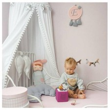 Kids Bed Canopy with Pom Pom Hanging Mosquito Net for Baby Crib Nook Castle