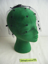 Vtg 60s Black 2 Velvet Bows Felt Dots Veil Net Hat-15" diameter