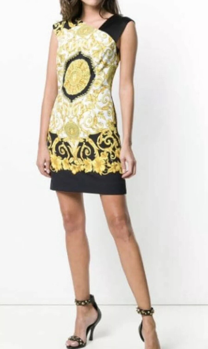 NWT Versace Gold Black Hibiscus Print Mini Dress Size 38 IT