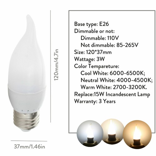 Dimmable LED Candle Light Bulbs E12 E26 E27 B22 E14 3W Equivalent 15 Watt Lamps - Picture 14 of 18