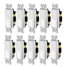 10Pack Decora Rocker Single-Pole Light Switch Wall 15Amp Self-Grounding UL White