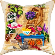 Needlepoint/Tapestry vintage throw pillow cover "WATERING CAN" embroidery kit