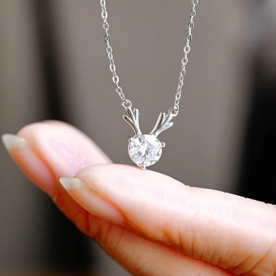 1.25Ct Round Cut Moissanite Winter Wonderland Dear Pendant 14k White Gold Plated
