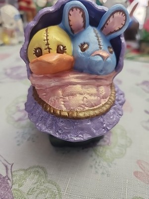 Ceramic Bunny & Chick in Baby Carriage Vintage Trinket Decor