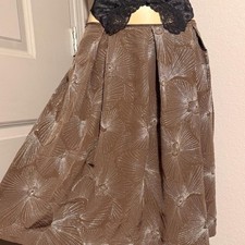 Talbots brown silk midi skirt with silver embroidery pattern
