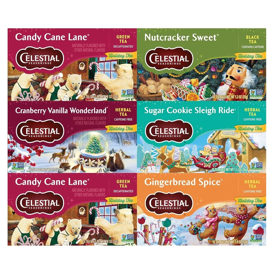 Sampler de té de vacaciones Celestial Seasonings variedad de hierbas paquete de 6, caja de 18 bolsas de té Foto 2 de 4
