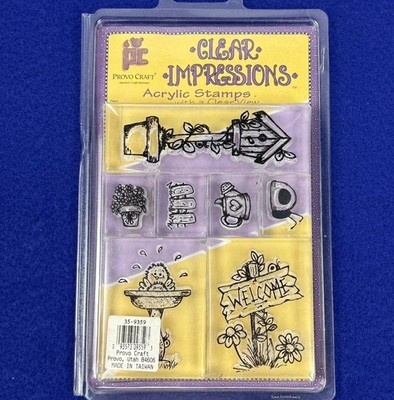 Provo Craft Clear Impressions 7 Acrylic Stamps Birdhouse, Bird Bath, Yard Stuff