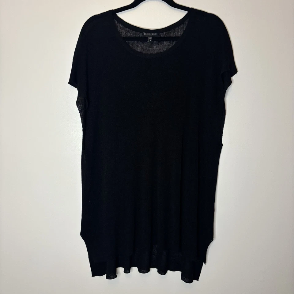 Eileen Fisher Women Linen Italian Yarn Rib Black Sheer Blouse Shirt Tunic Sz XL - Image 2 of 4