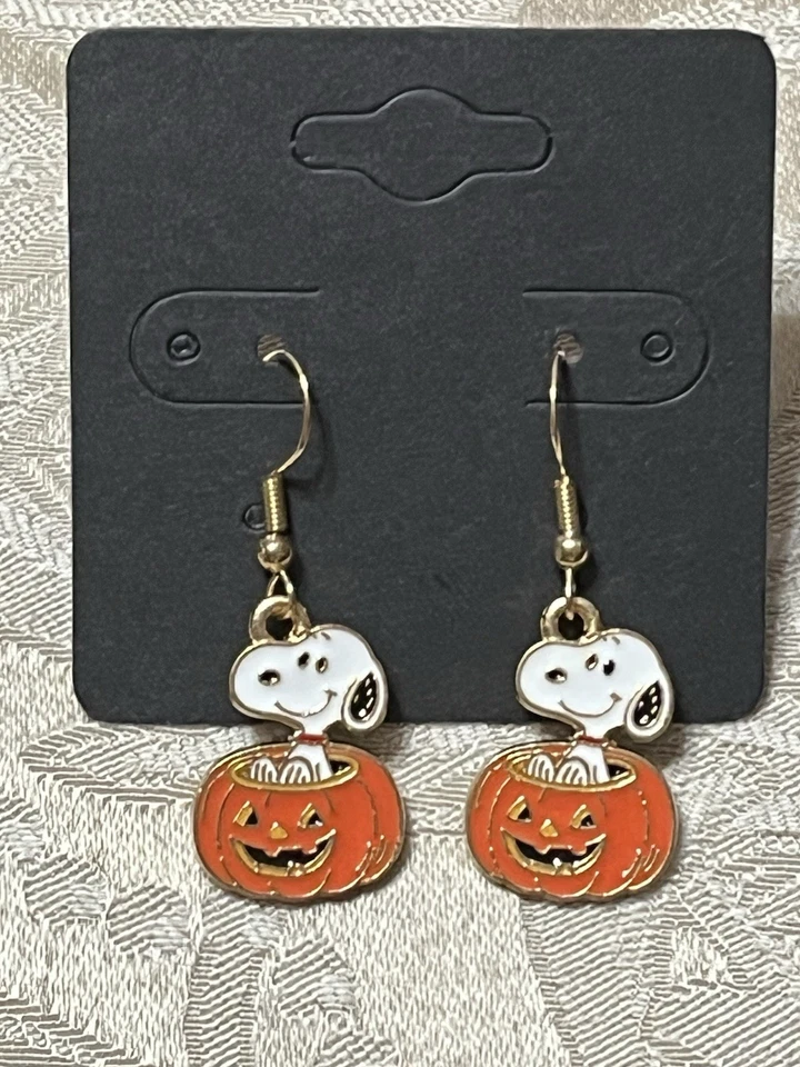 Snoopy Gold Loop Halloween Pumpkin Enamel Drop Dangle Bohemian Fun Earring Set - Image 2 of 3
