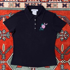 Christian Dior Black Polo Shirt Floral Embroidery Vintage Women's Top