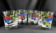 Double Old Fashioned Winter Skiers Glasses Tumblers Vintage Set Of 4 Excellent 